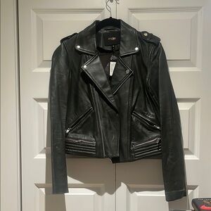 Maje dark green Leather Moto Jacket with Asymmetrical Zipper